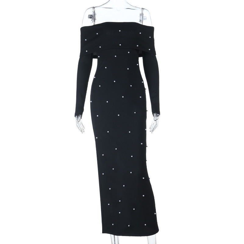 Pearl-Beaded Bodycon Maxi Dress with Off-Shoulder Neckline
