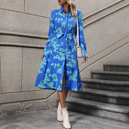 Floral Print Midi Shirt Dress with Tie-Waist