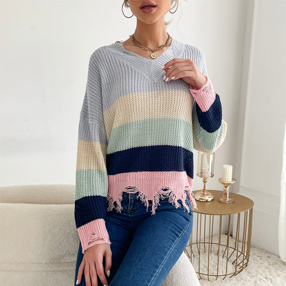 Color Block Knit Sweater with V-Neck and Distressed Hem