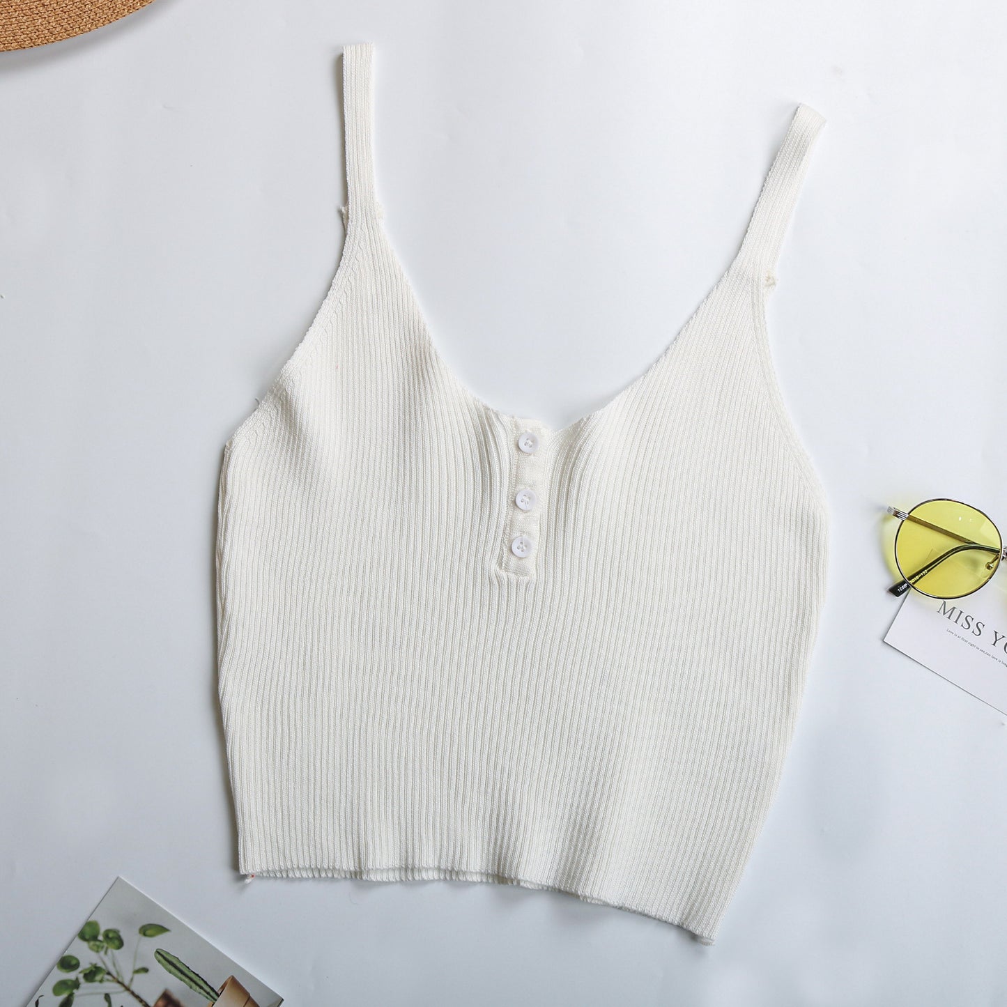 Ribbed Knit Crop Top with Button Front and V-Neck