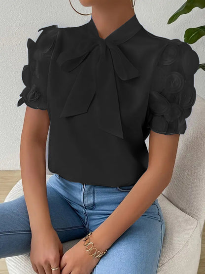 Solid Blouse with Pussy Bow Collar and Applique Puff Sleeves