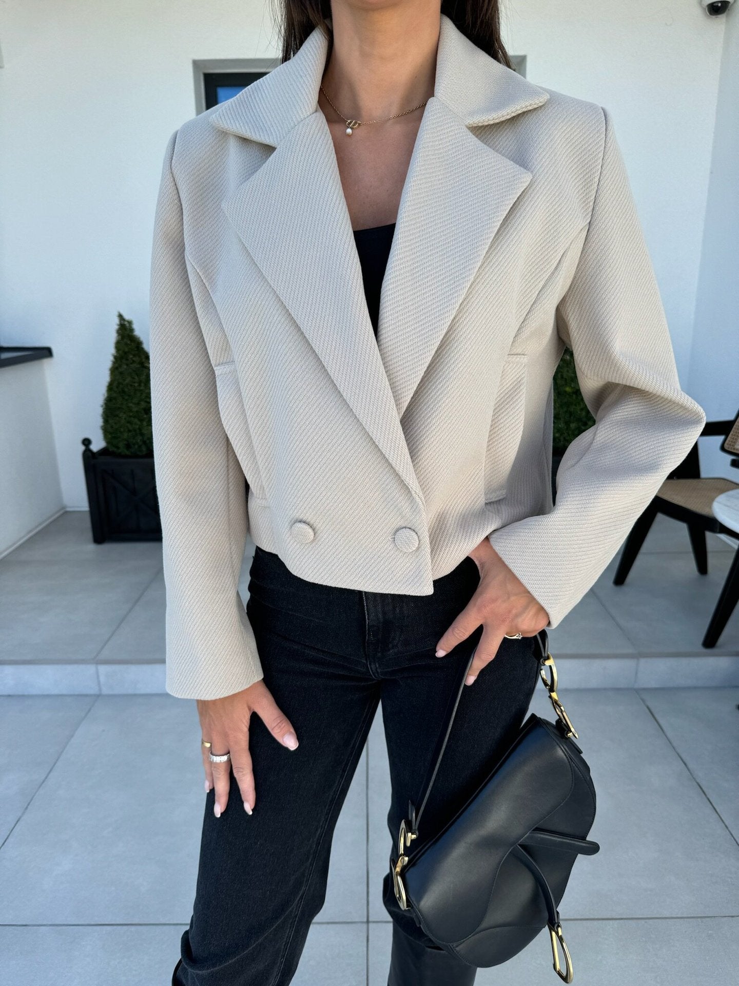 Solid Cropped Blazer with Suit Collar and Double-Breasted Front