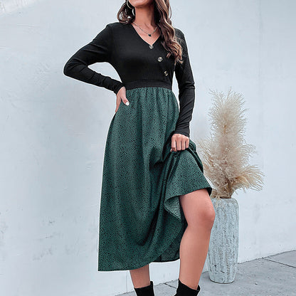 Color-Blocked Midi Dress with V-Neck and Printed Skirt