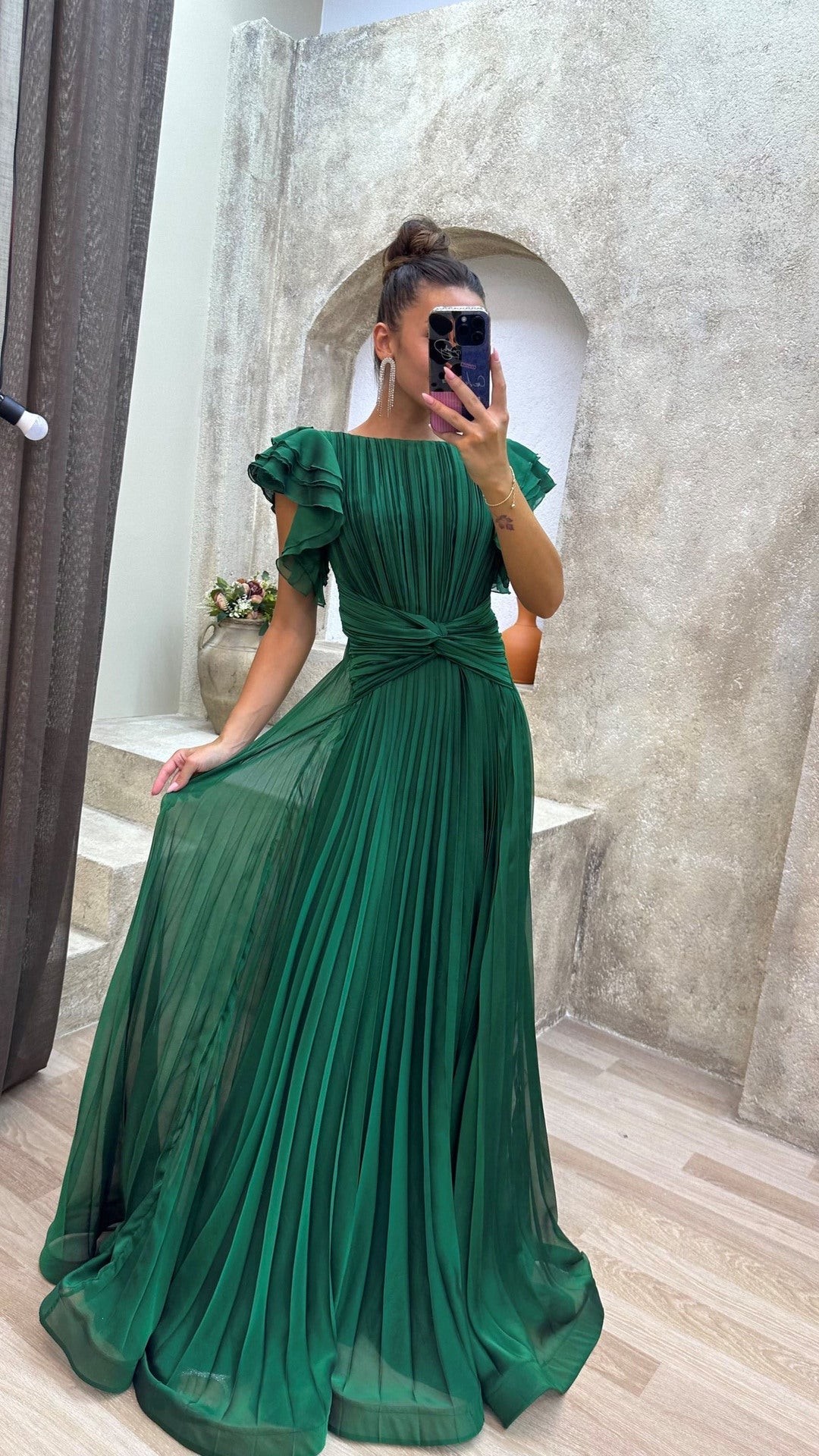 Pleated Maxi Dress with Waist Knot and Ruffle Sleeves