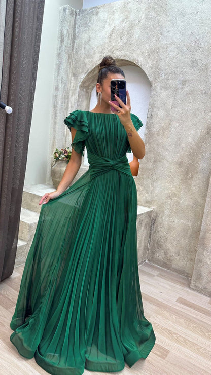 Pleated Maxi Dress with Waist Knot and Ruffle Sleeves