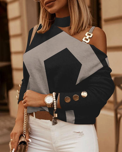 Geometric Print One-Shoulder Top with Halter Neck and Chain Detail