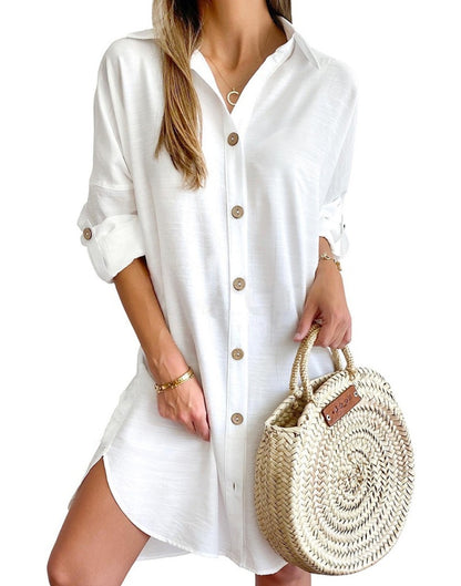 Oversized Shirt Dress with Lapel Collar and Roll-Tab Sleeves