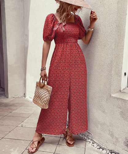 Floral Wide-Leg Jumpsuit with Square Neck and Puff Sleeves