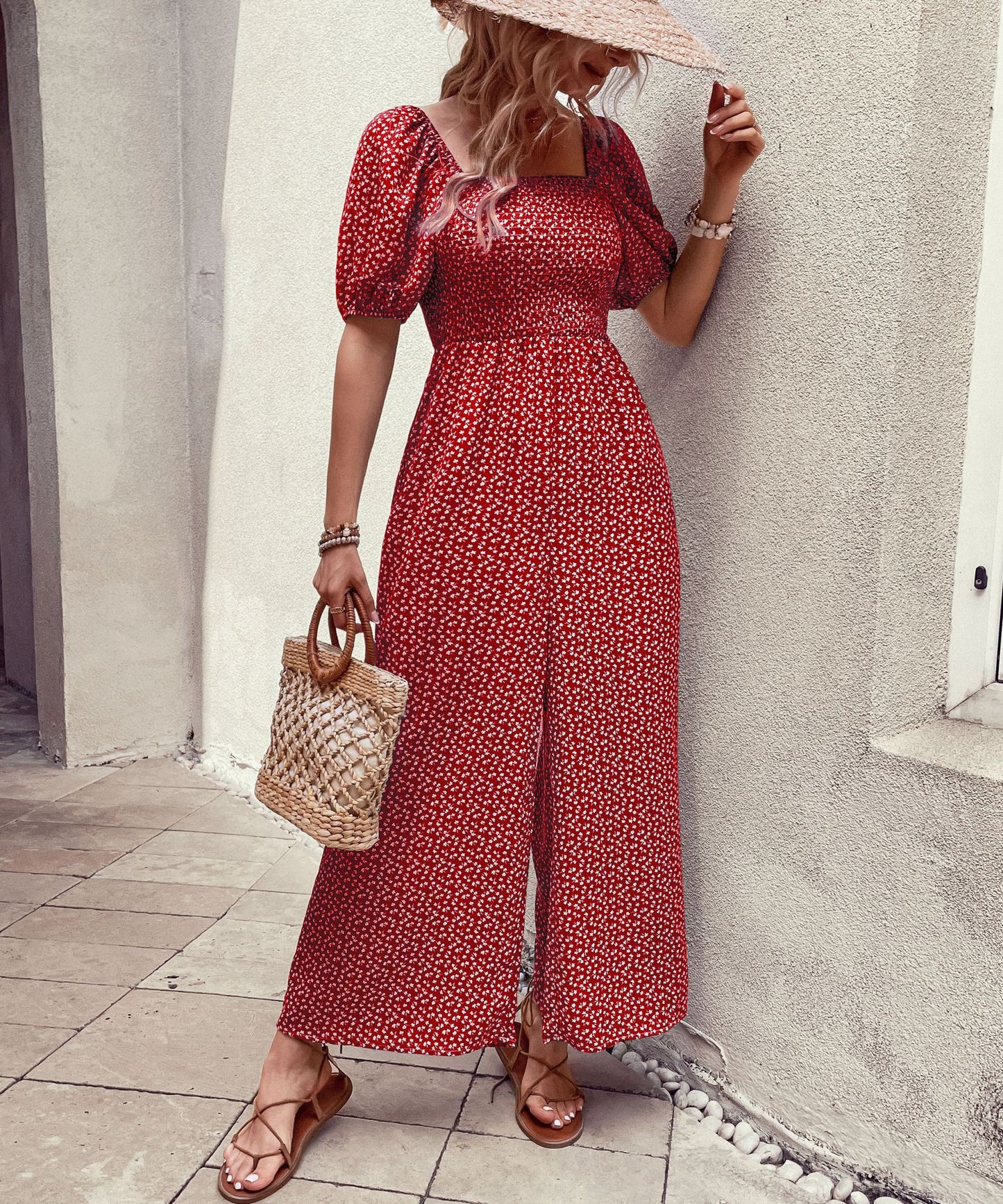 Smocked Floral Jumpsuit with Square Neck and Wide Legs