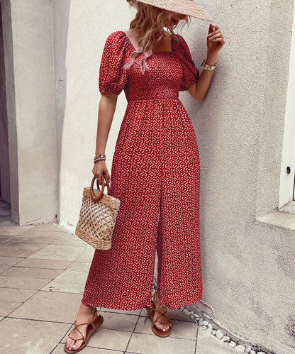 Smocked Floral Jumpsuit with Square Neck and Wide Legs