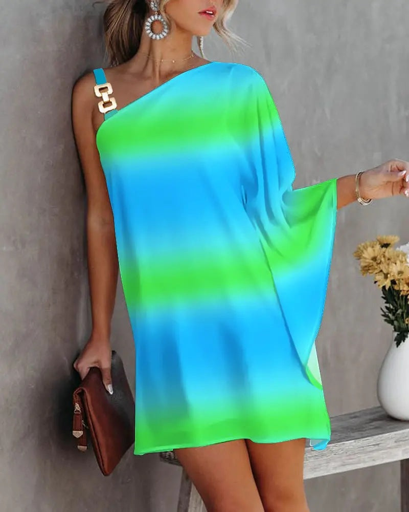 Printed One-Shoulder Mini Dress with Bat Sleeves
