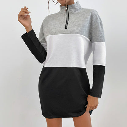 Color-Blocked Sweatshirt Dress with Half-Zip Collar
