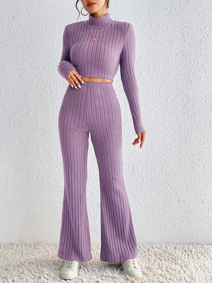 Ribbed Knit Two-Piece Set with Turtleneck and Wide-Leg Pants