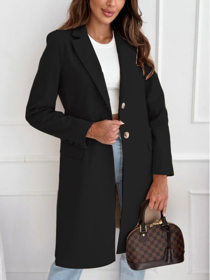 Single-Breasted Long Coat with Lapel Collar and Flap Pockets