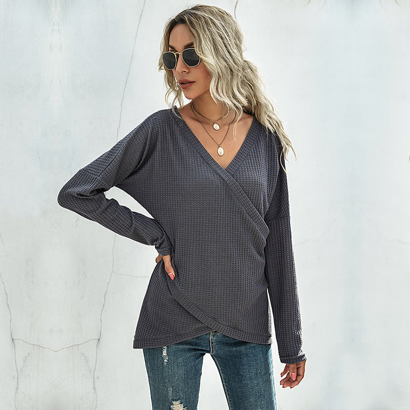 Solid Waffle Knit Wrap Top with Long Sleeves