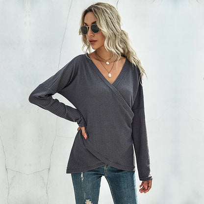 Solid Waffle Knit Wrap Top with Long Sleeves