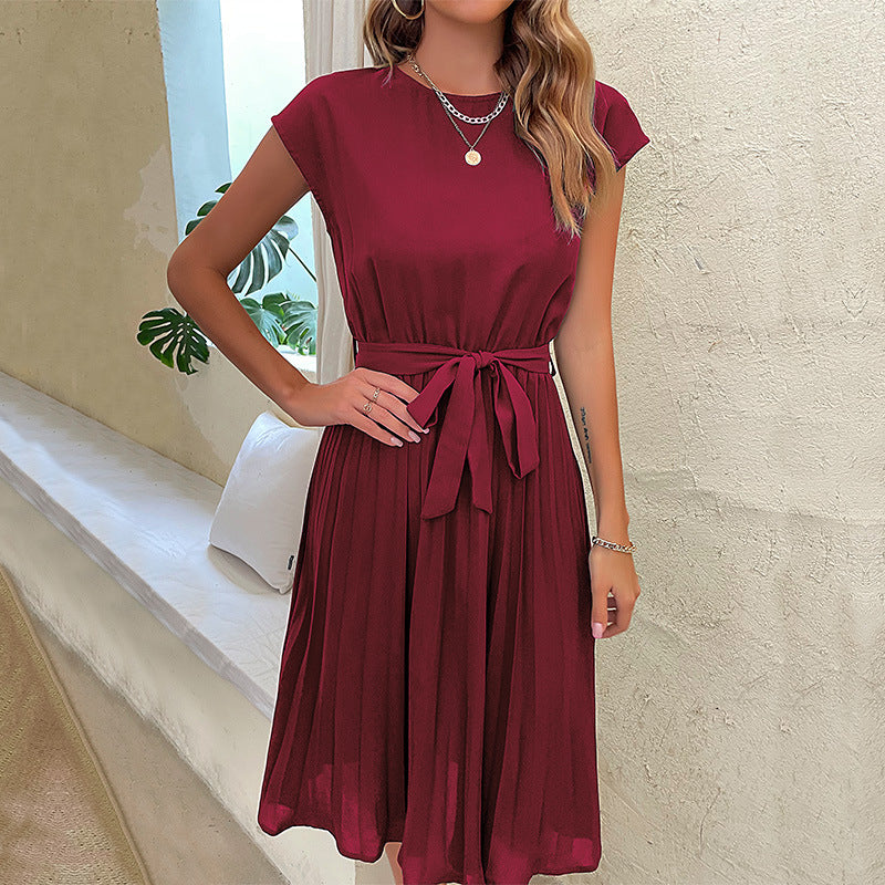 Solid Pleated Midi Dress with Tie-Waist and Cap Sleeves