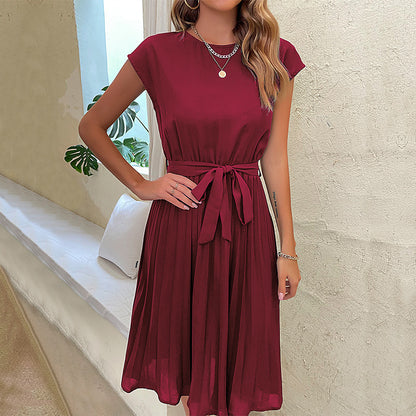 Solid Pleated Midi Dress with Tie-Waist and Cap Sleeves