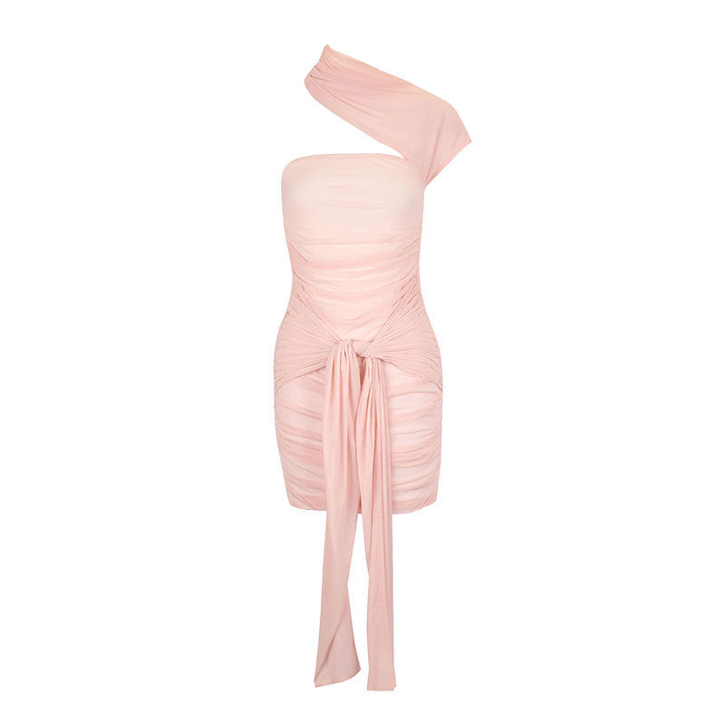 Ruched Bodycon Mini Dress with Asymmetric Cutout and Draped Detail