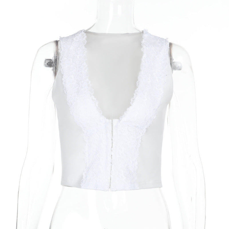 V-Neck Lace Trim Crop Top with Hook-and-Eye Front