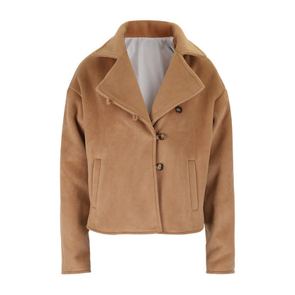 Loose Fit Wool-Look Jacket with Lapel Collar and Wide Sleeves