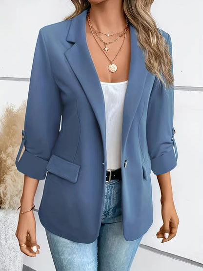 Solid Blazer with Notched Lapel and Rolled Sleeves