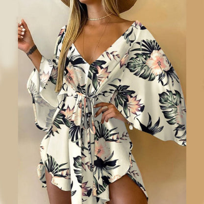 Printed Tunic Dress with V-Neck and Batwing Sleeves