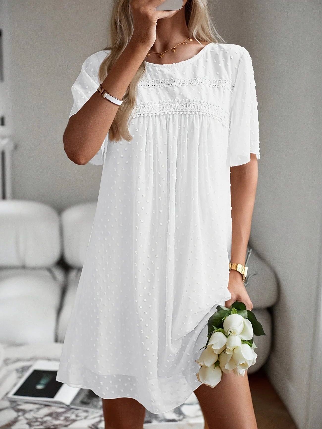 Smock Mini Dress with Swiss Dot Texture and Lace Trim