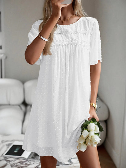 Smock Mini Dress with Swiss Dot Texture and Lace Trim