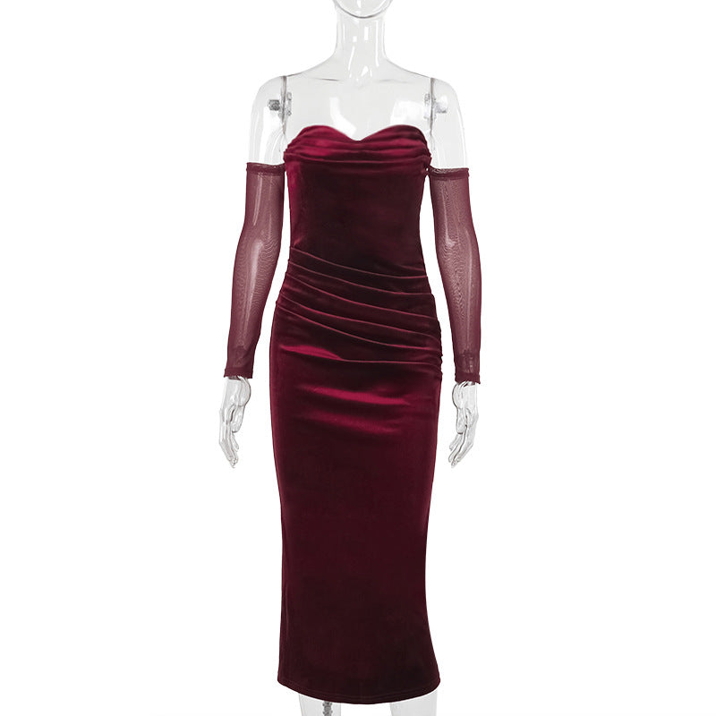Elegant Sexy Shoulder Pleated Suede Dress Dark Blue