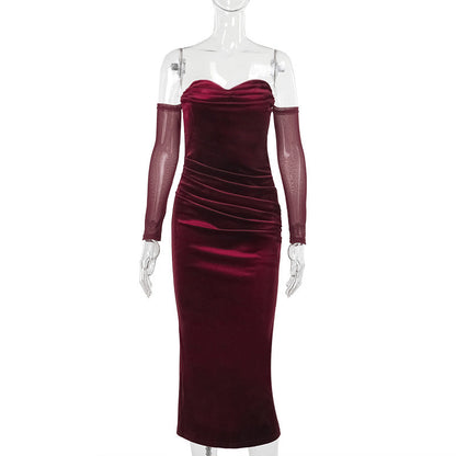 Elegant Sexy Shoulder Pleated Suede Dress Dark Blue