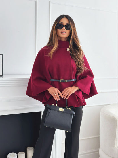 Belted Poncho Coat with Mock Neck and Bat Sleeves