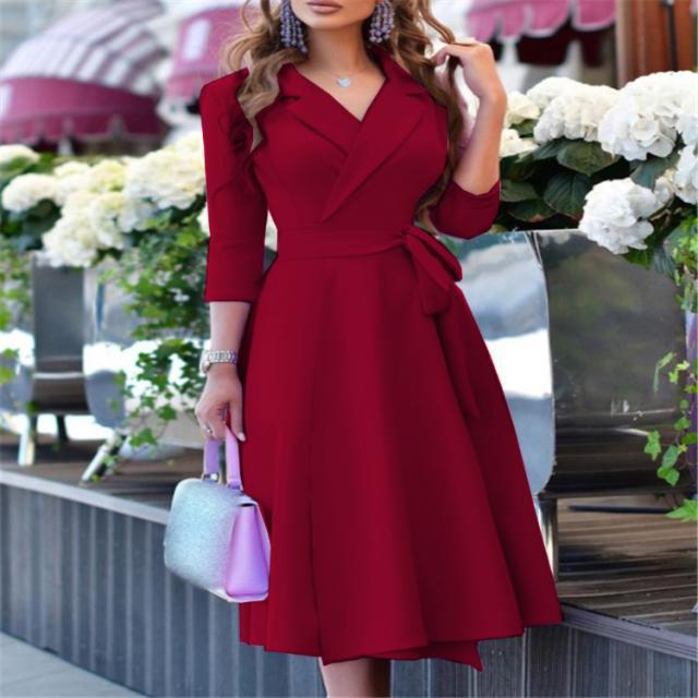 A-Line Midi Dress with Lapel Collar, Belted Waist, and Floral Hem