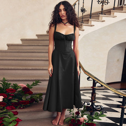 Solid A-Line Maxi Dress with Corset Bodice and Ruched Bust