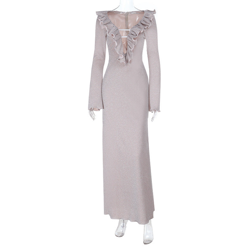 Sparkling Bodycon Maxi Dress with Ruffled V-Neck and Long Sleeves
