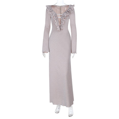 Sparkling Bodycon Maxi Dress with Ruffled V-Neck and Long Sleeves