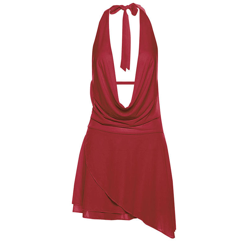 Cowl Neck Halter Mini Dress with Asymmetric Hem