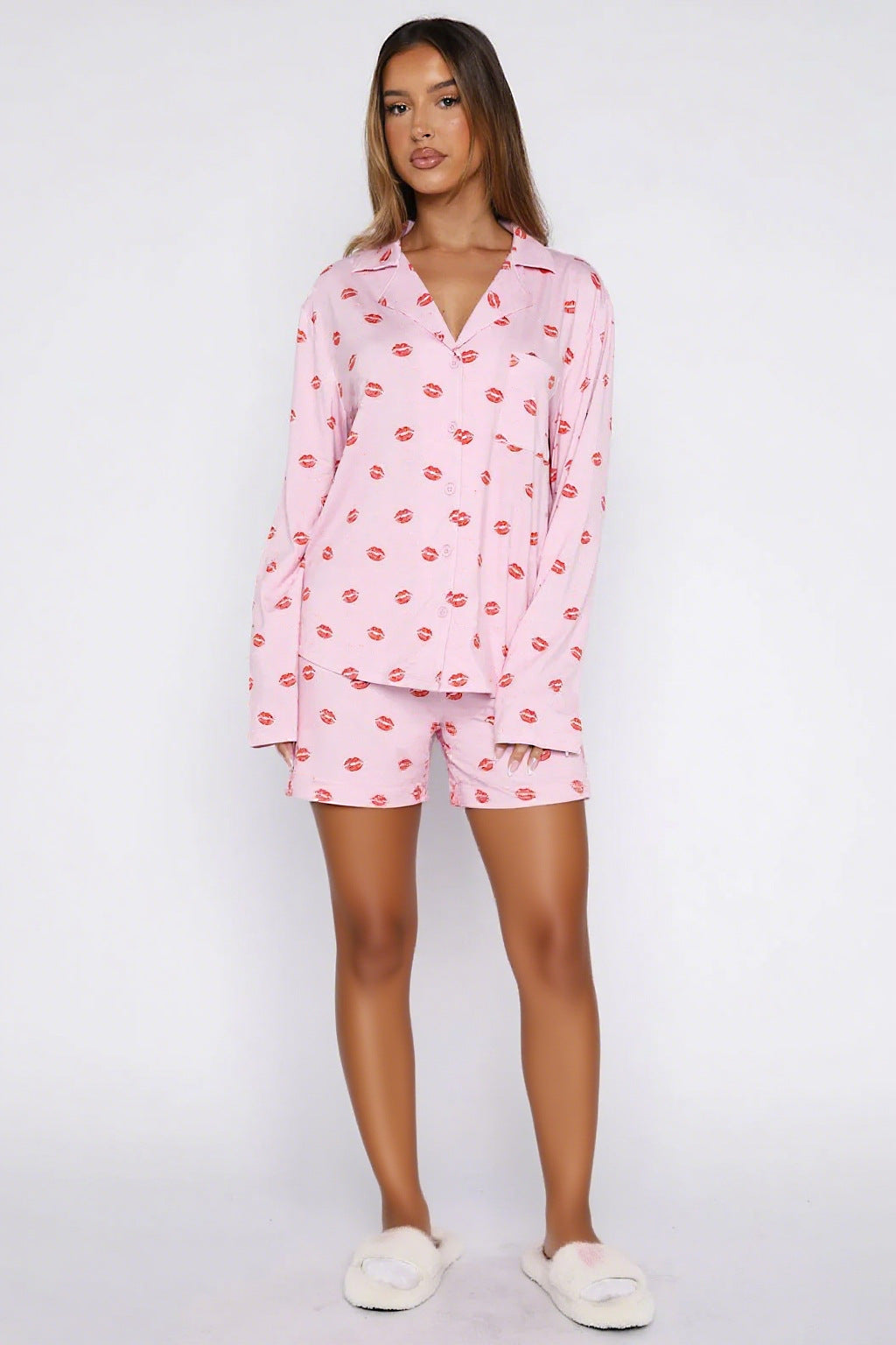 Long Sleeve Pajama Set with Notched Collar and Shorts