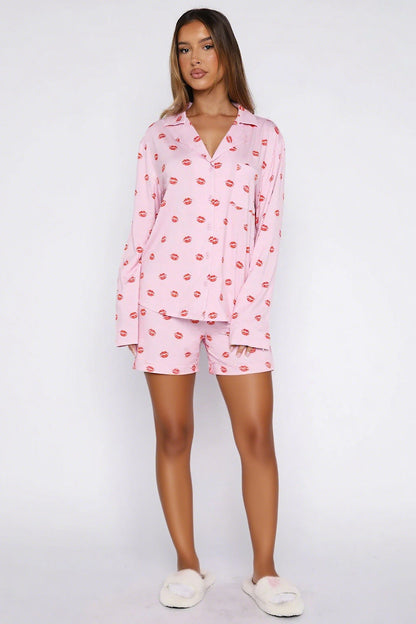 Long Sleeve Pajama Set with Notched Collar and Shorts