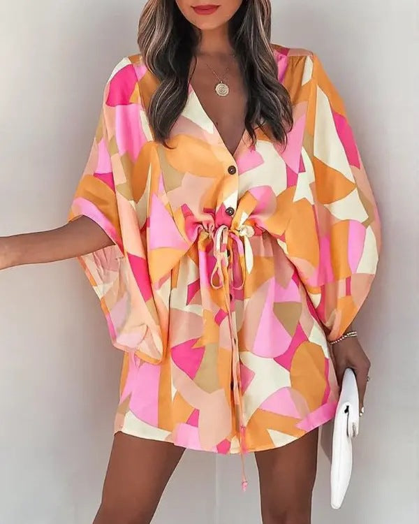 Printed Mini Dress with Bat Sleeves and Drawstring Waist