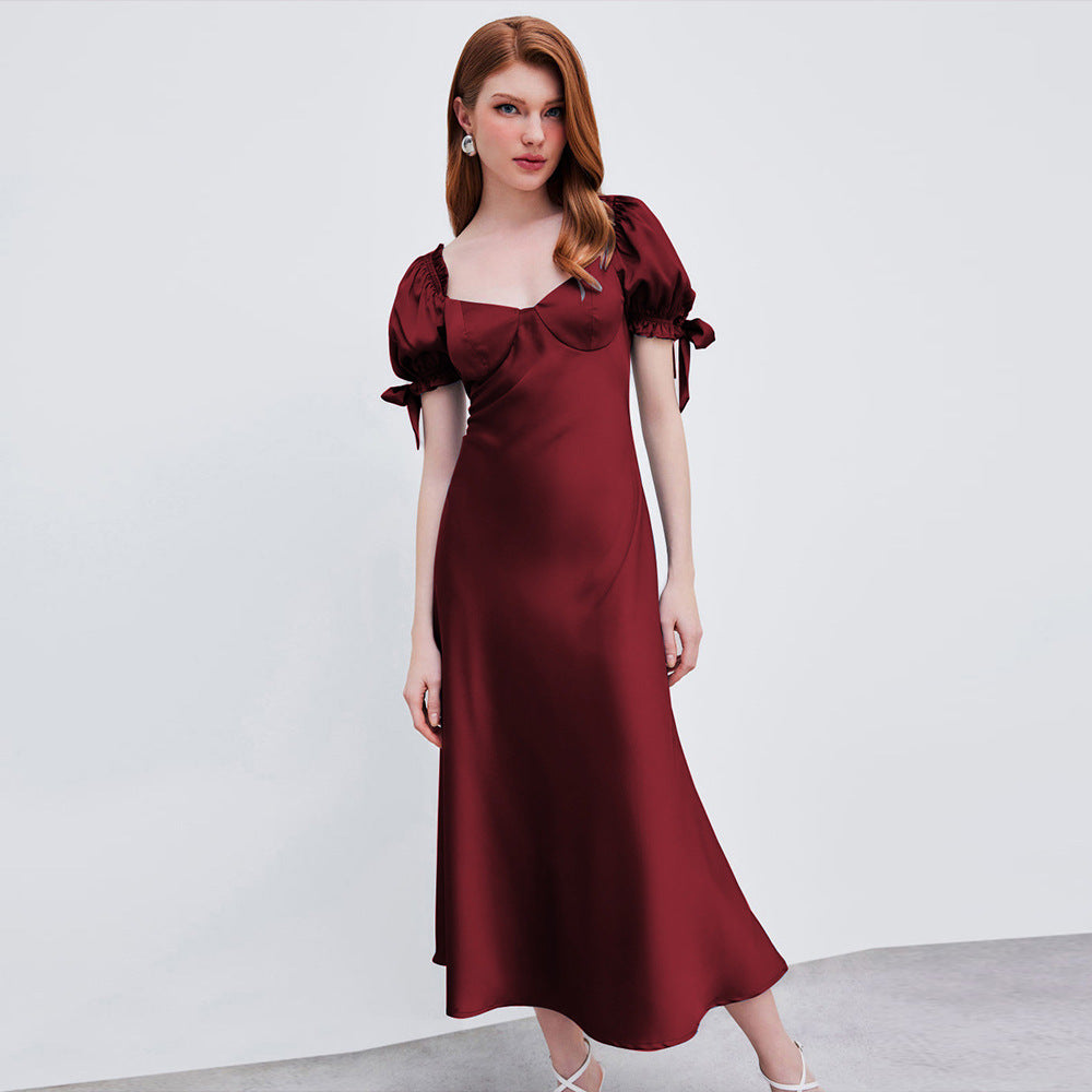 Satin Fishtail Midi Dress with Puff Sleeves and Square Neck