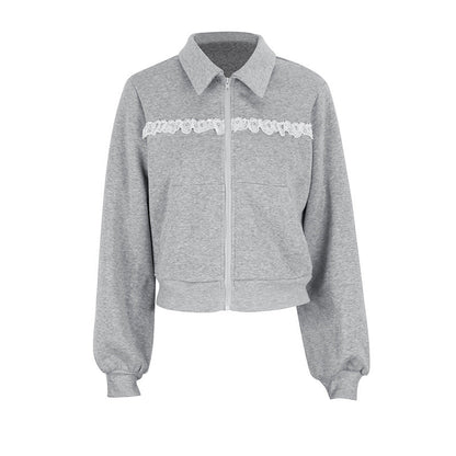 Cropped Zip-Up Jacket with Lapel Collar and Lace Trim