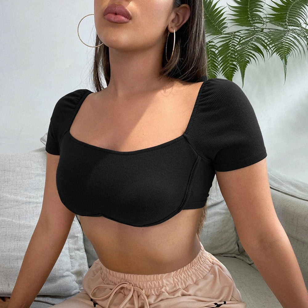 Slim Fit Ribbed Crop Top with Square Neck and Curved Hem
