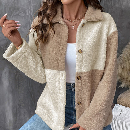 Color-Blocked Teddy Jacket with Lapel and Single-Breasted Front