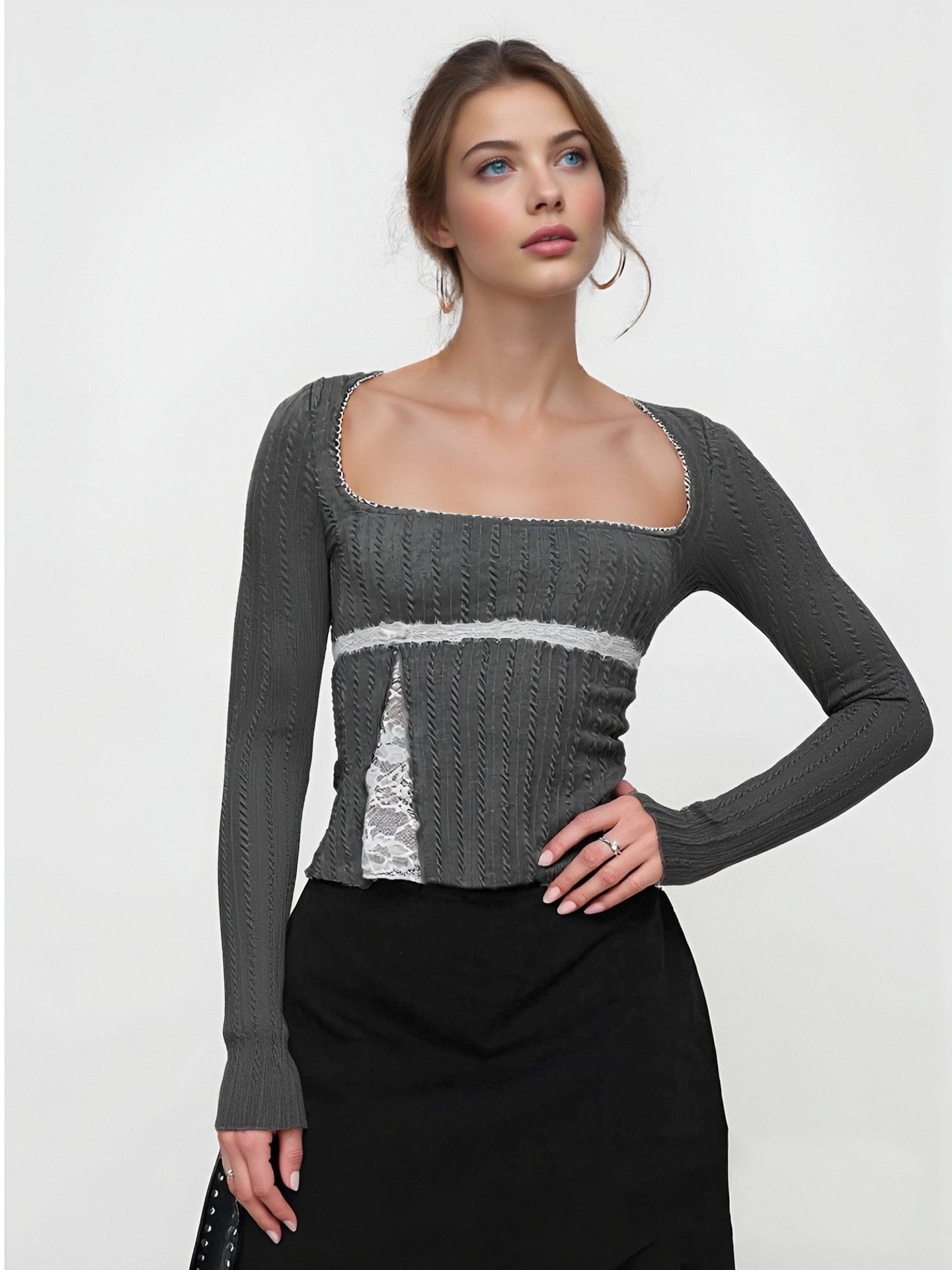 Slim Fit Long Sleeve Top with Square Neck and Lace Splicing