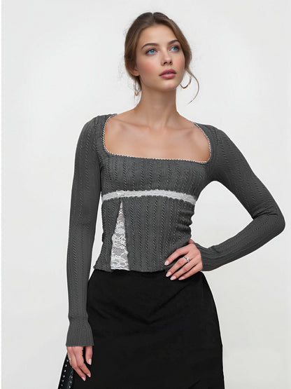 Slim Fit Long Sleeve Top with Square Neck and Lace Splicing