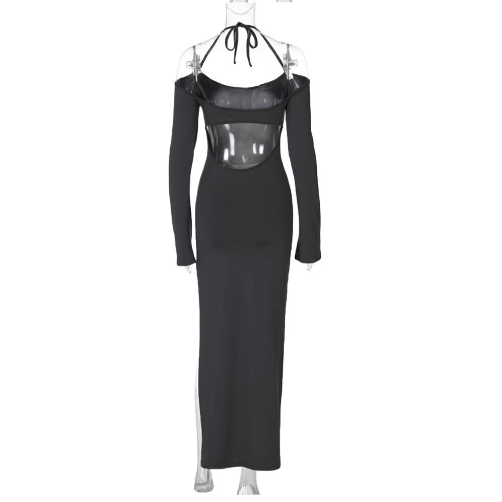 Bodycon Halter Maxi Dress with Flared Sleeves and Slit