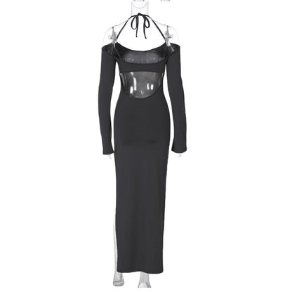 Bodycon Halter Maxi Dress with Flared Sleeves and Slit