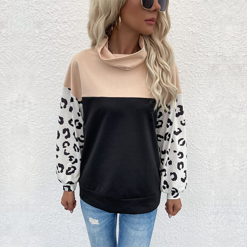 Loose Color-Block Pullover with Leopard Print Sleeves and Turtleneck