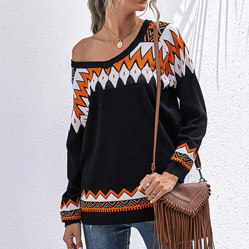 Geometric Color-Blocked Knit Pullover with V-Neck